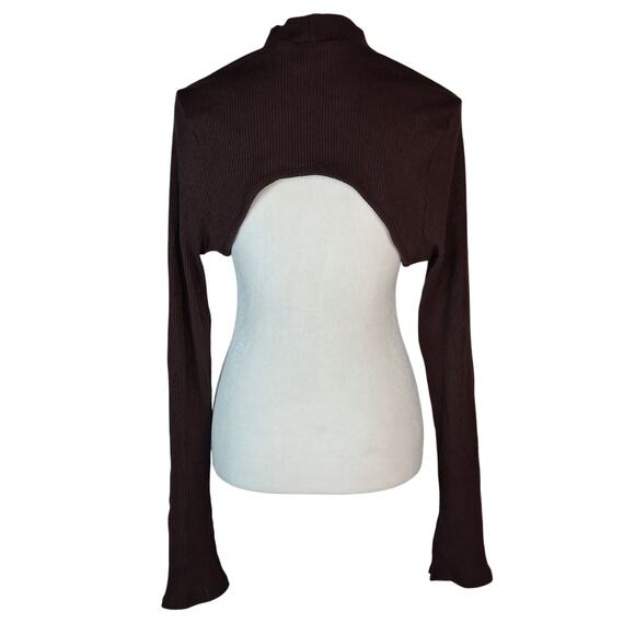 Y2K Dark Brown Ribbed Bolero Shrug Sweater Longsleeve Mock Neck Layering Piece - Picture 3 of 8